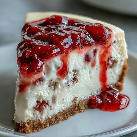 A whole Indulgent White Chocolate Raspberry Cheesecake Bliss with fresh raspberries and white chocolate shavings, ready to be cut and served.