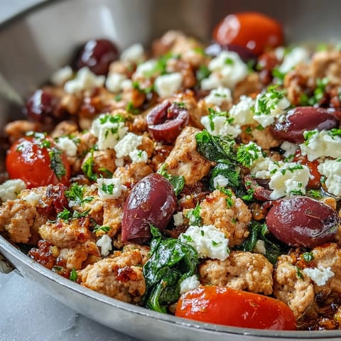 Freshly cooked Mediterranean Keto Ground Chicken Skillet with sautéed onions, tomatoes, and Kalamata olives in a pan.
