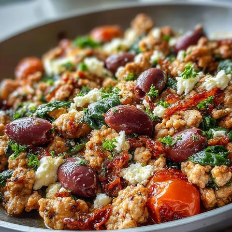 A bubbling Mediterranean Keto Ground Chicken Skillet topped with crumbled feta, parsley, and a lemon wedge for serving.