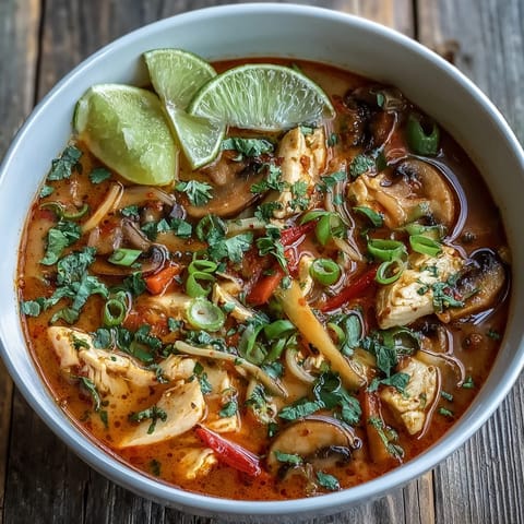 Creamy Thai Coconut Curry Soup Bowl with tender chicken, mushrooms, and carrots, garnished with fresh cilantro and lime.