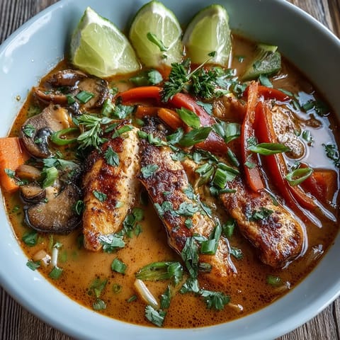 A steaming bowl of Thai Coconut Curry Soup Bowl featuring chicken, vibrant vegetables, and aromatic spices, served with lime wedges.