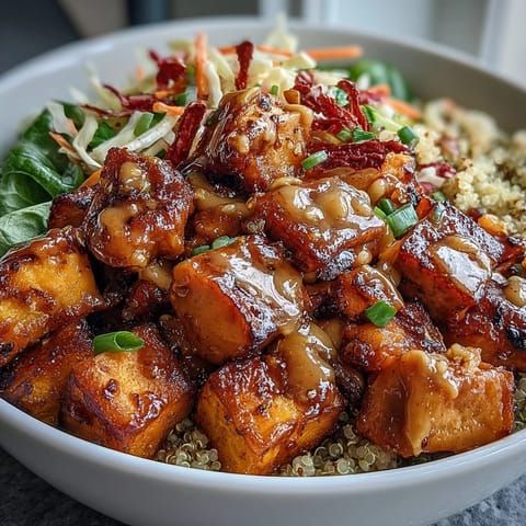 Spiced chicken and roasted sweet potatoes layered over fluffy quinoa in a vibrant Hot Honey Chicken Bowl.