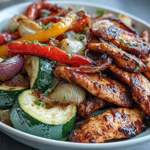 Sizzling chicken strips and vibrant vegetables roasted together on a sheet pan for easy serving.