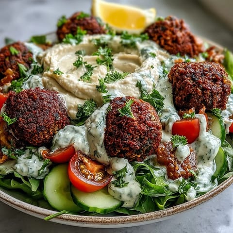 A vibrant Falafel Bowl features crispy falafel, creamy hummus, and fresh greens, all drizzled with rich tahini sauce.