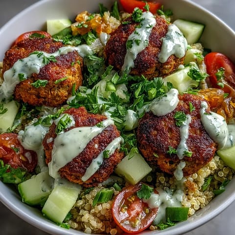 Golden-brown baked falafel sits atop fluffy quinoa, garnished with fresh cucumber and tomatoes in this Falafel Quinoa Salad Bowl.