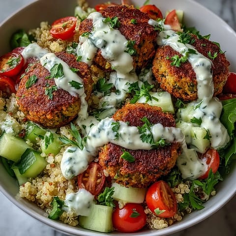 A close-up of Falafel Quinoa Salad Bowl highlights crisp patties, diced veggies, and creamy garlic tahini sauce.