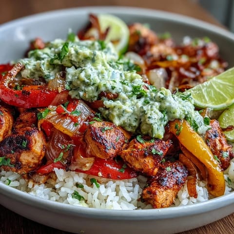 Golden-brown Sheet Pan Chicken Tinga Bowl with smoky chipotle chicken, roasted bell peppers, and fluffy white rice.