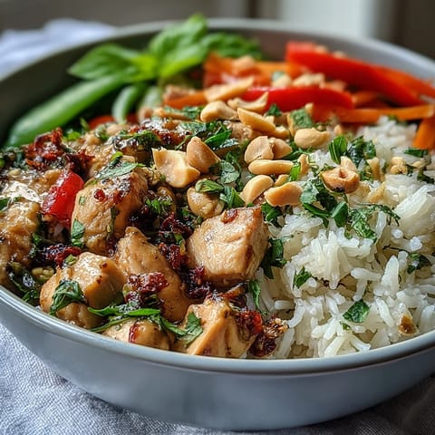 Golden Thai Chicken Coconut Bowl garnished with fresh cilantro, Thai basil, and chopped peanuts on creamy coconut rice.