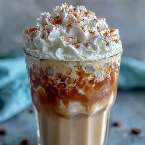 Creamy vanilla bean frappuccino protein shake with whipped cream and cinnamon, blended with real vanilla and ice for a refreshing treat.