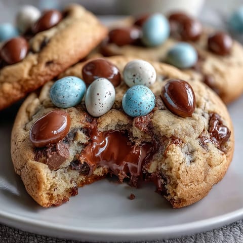 Cadbury Mini Egg Easter Chocolate Chip Cookies with gooey chocolate chips and crunchy Mini Eggs, perfect for spring baking.  