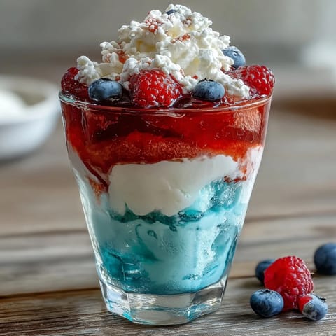 Festive layered Jello dessert cups featuring bright red, creamy white, and bold blue layers, ideal for 4th of July gatherings.  