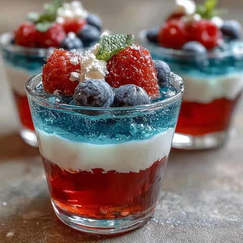 Vibrant red, white, and blue layered Jello cups with clear stripes, perfect for patriotic parties and summer celebrations.  