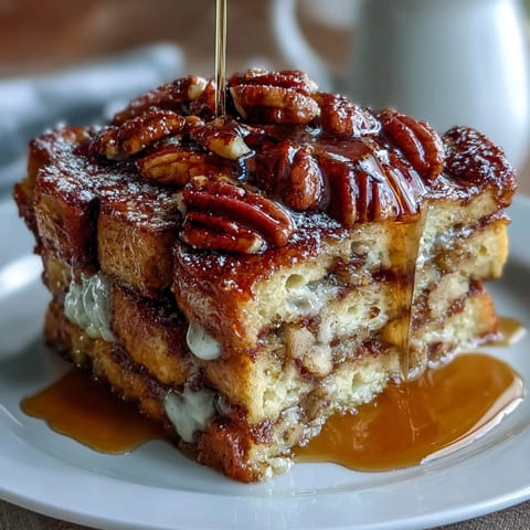 Fluffy baked pancake casserole topped with a golden maple syrup drizzle and chopped pecans, perfect for a cozy breakfast.