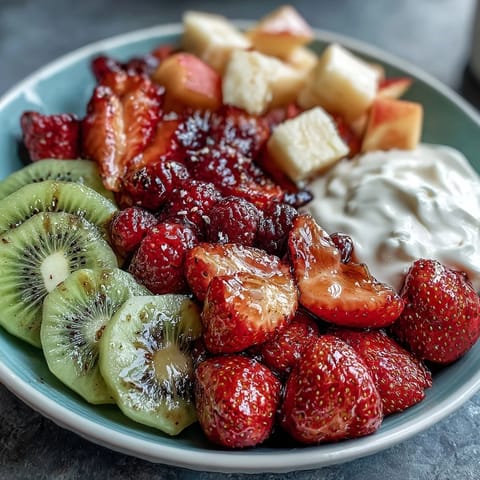 Vibrant spring fruit platter with strawberries, pineapple, and kiwi, served with creamy honey-yogurt dipping sauce for a fresh appetizer.