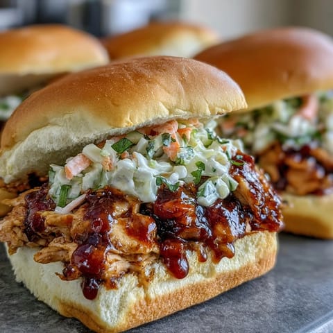 Tender shredded BBQ chicken and crisp coleslaw served on golden slider buns, ideal for 4th of July cookouts.  
