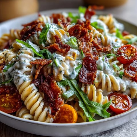 Fresh BLT pasta salad with crispy bacon, ripe avocado, and juicy cherry tomatoes in creamy dressing.  