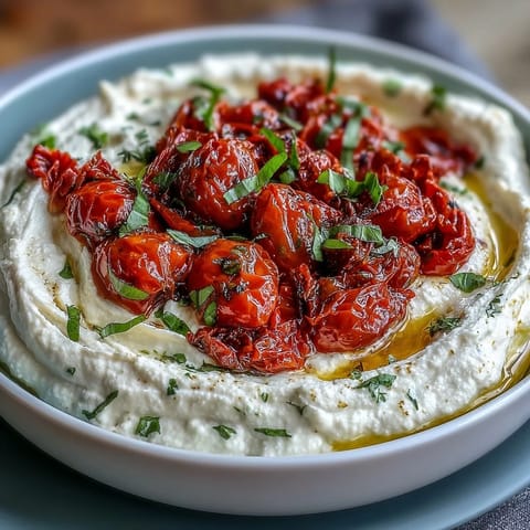 Creamy whipped feta dip topped with sweet roasted cherry tomatoes and fresh basil, served with warm pita bread.