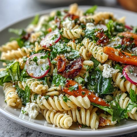 Fresh spring pasta salad with lemon vinaigrette and radishes, featuring crisp snap peas and tender asparagus in a vibrant dish.