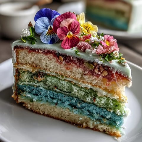 Soft gradient layers in pastel pink, yellow, and green create a dreamy effect, crowned with fresh floral accents.  