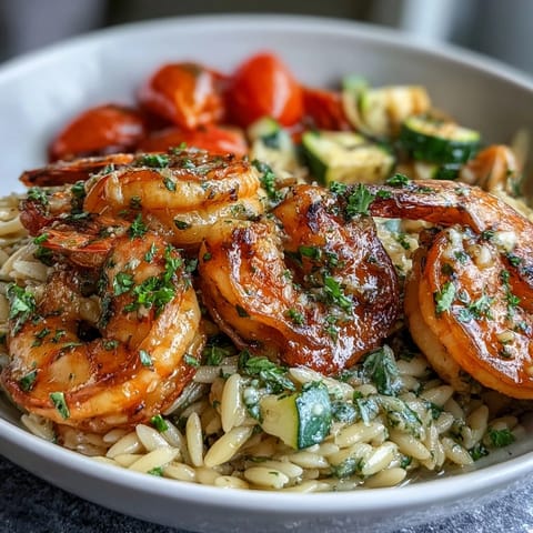 One-Pan Lemon Butter Shrimp and Orzo in a skillet with vibrant cherry tomatoes and fresh parsley.