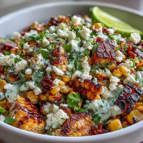 Creamy Mexican Street Corn Salad with charred corn, Cotija cheese, and zesty lime dressing in a colorful bowl.