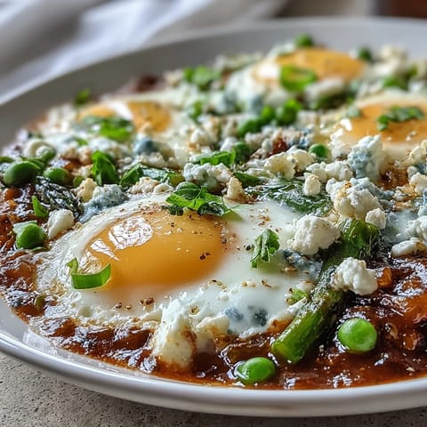 Vibrant Pea and Broad Bean Shakshuka simmers in a deep skillet, featuring soft-cooked eggs nestled into a bright spring vegetable tomato sauce.