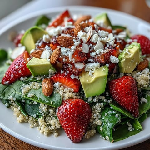 Fresh and vibrant Strawberry Avocado Quinoa Salad featuring protein-rich quinoa, basil, and a zesty lemon-honey dressing, perfect for summer.  