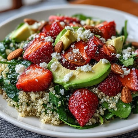 Strawberry Avocado Quinoa Salad with creamy avocado and juicy strawberries, tossed in a citrus dressing for a light and healthy meal.  