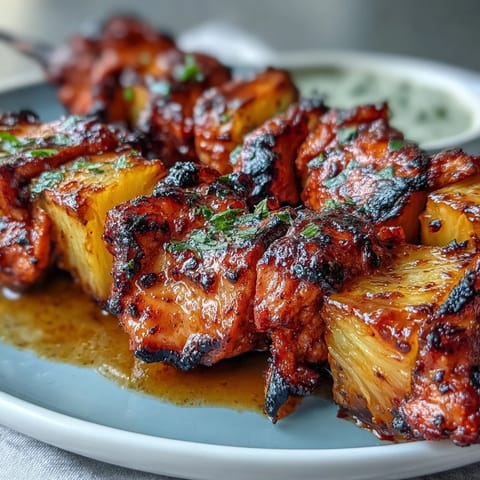 Vibrant al pastor chicken skewers with sweet pineapple, ready to devour.