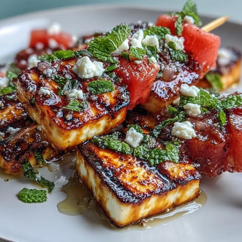 Grilled halloumi skewers with watermelon, mint, and charred red onion.