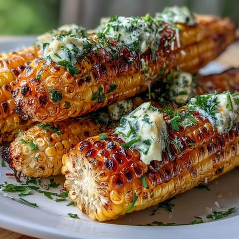 Memorial Day Grilled Corn with Herbed Butter 4 Ways, showcasing charred golden corn cobs with vibrant green herb butters ready for summer gatherings.  