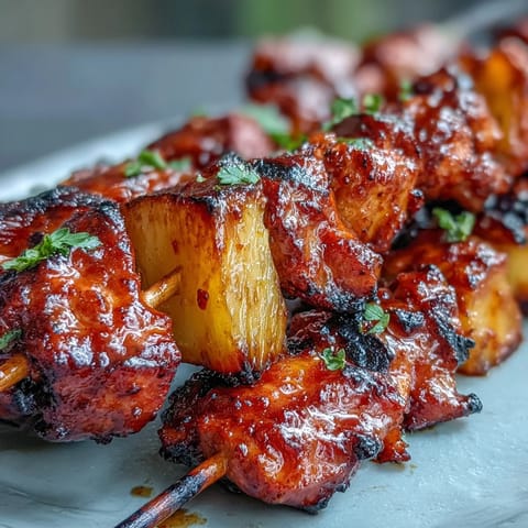 Juicy grilled chicken al pastor skewers with pineapple, charred perfection.