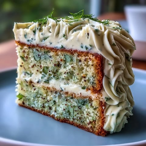 Savory pickle cake with vibrant dill cream, perfect for a unique appetizer spread.