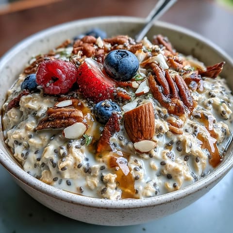 Creamy overnight oats with berries, chia, and flax, a healthy breakfast.