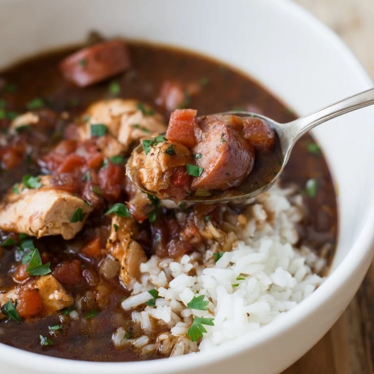 Forkful of rich Gumbo showcasing tender chicken andouille sausage in a dark roux stew.