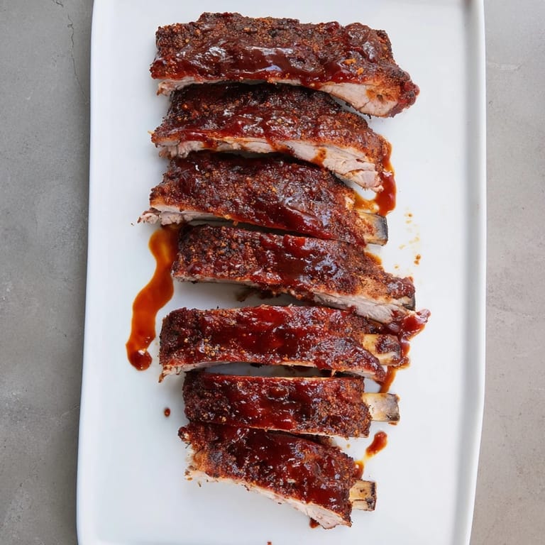 Juicy BBQ Ribs with a dark, smoky barbecue glaze sit on a platter, garnished with fresh parsley and ready for a backyard feast.