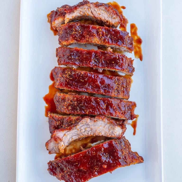 Close-up of tender BBQ Ribs showing fall-off-the-bone meat and sticky sauce, sliced and served on a rustic plate.