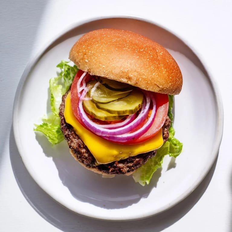 Golden brown beef burgers with cheese, fresh veggies, and sesame seed buns served hot alongside fries on a plate.