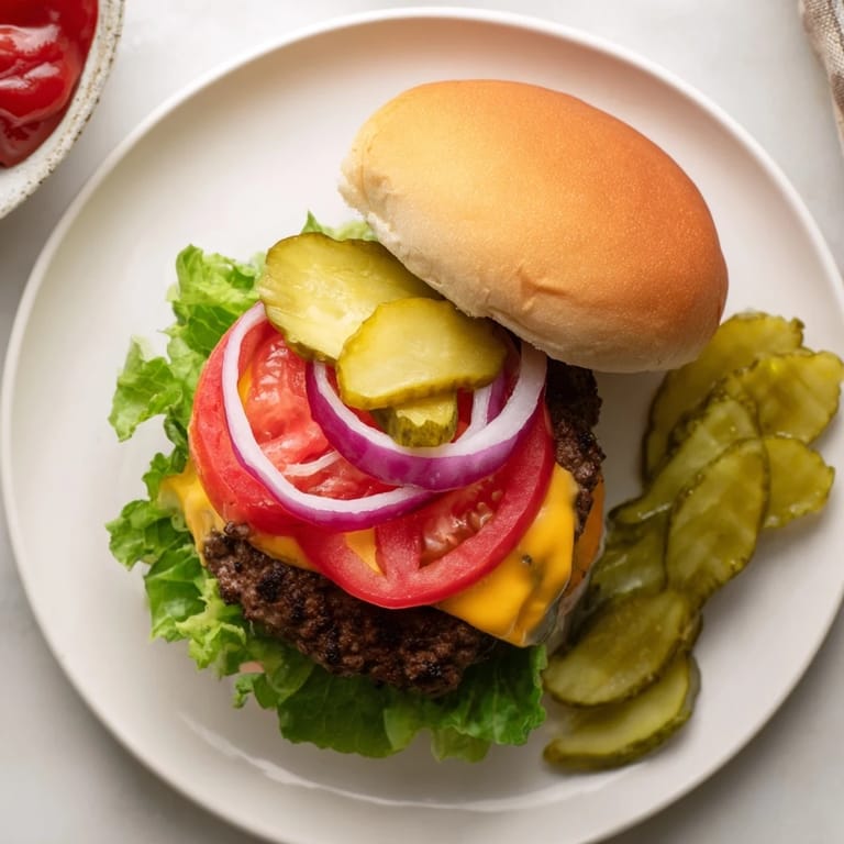 A close-up of a classic American hamburger with condiments, held by hands over a rustic wooden table for serving.