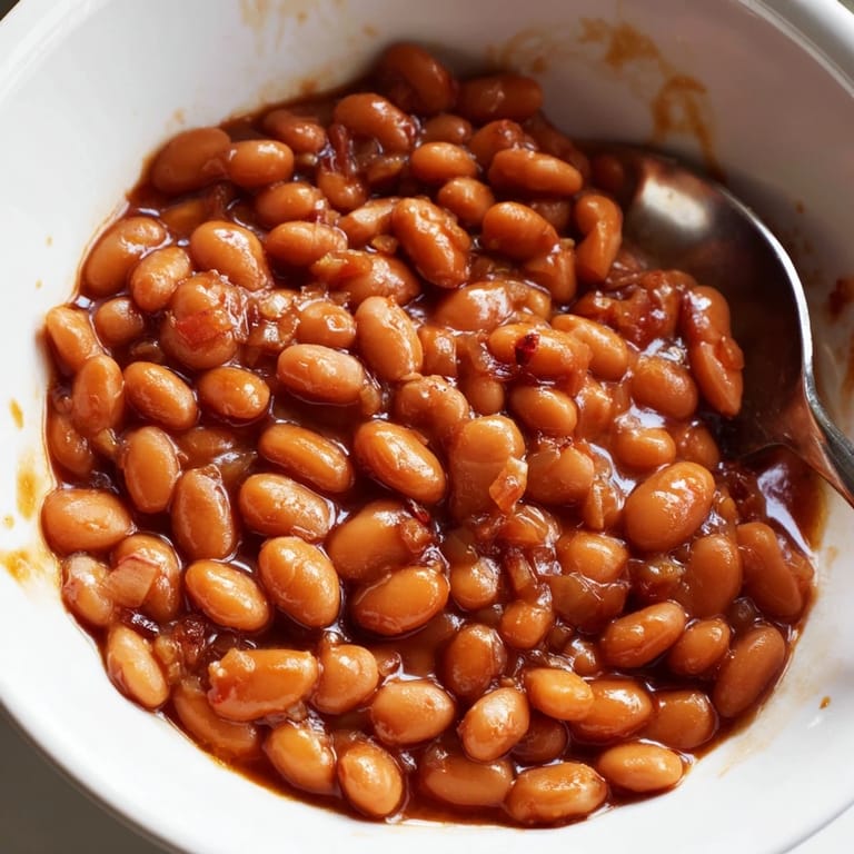 Steam rises from a serving of sweet-savory Baked Beans alongside fluffy buttermilk biscuits on a checked napkin.