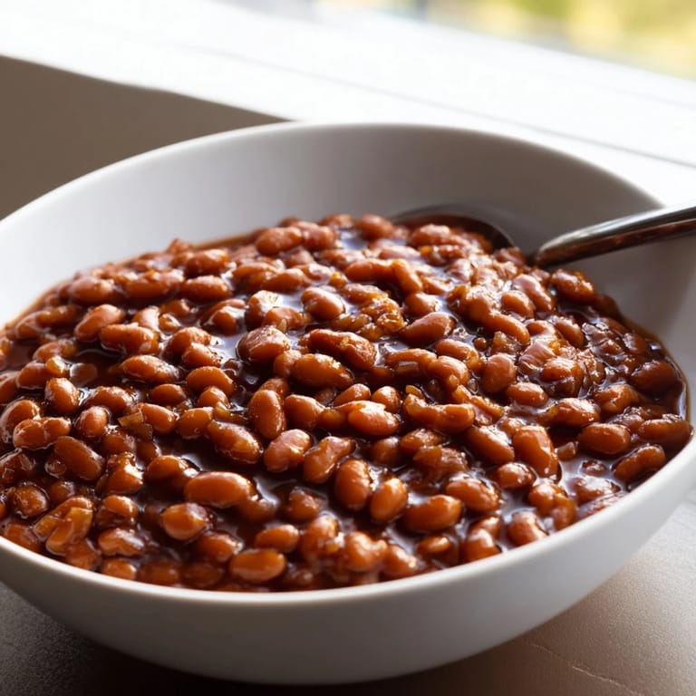 Thick, glossy sauce coats tender navy beans in this classic Baked Beans recipe, garnished with fresh parsley.