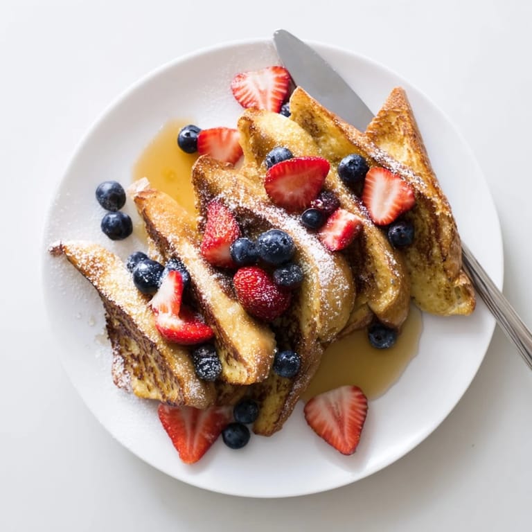 Golden brown French toast slices stacked high, dusted with powdered sugar and served warm for a classic American breakfast.