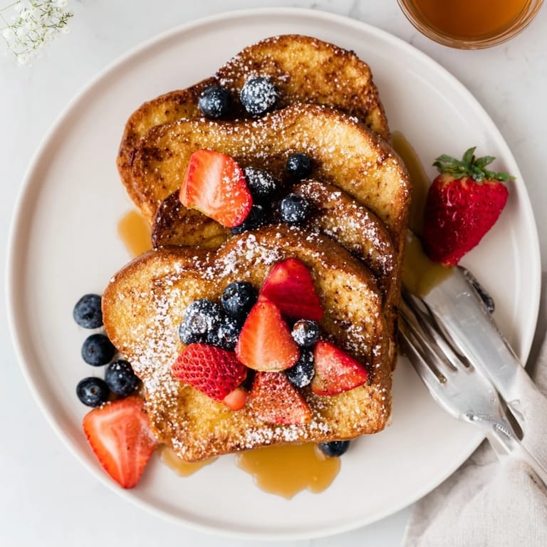Buttery pan-fried French toast with custardy centers, ready to serve with maple syrup and a side of sweet berries.