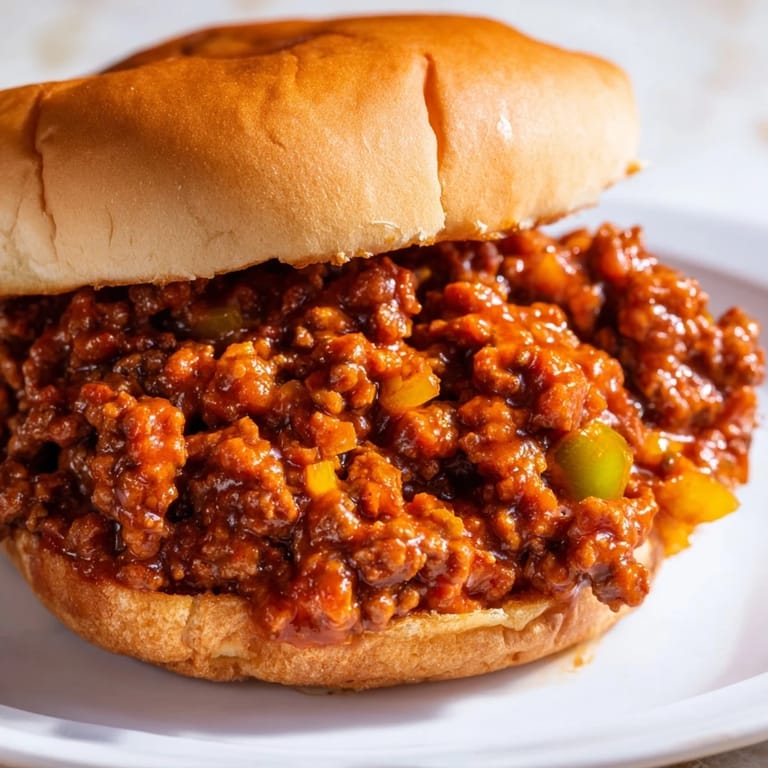 Steaming ground beef mixture in a sweet and tangy tomato sauce fills the skillet.