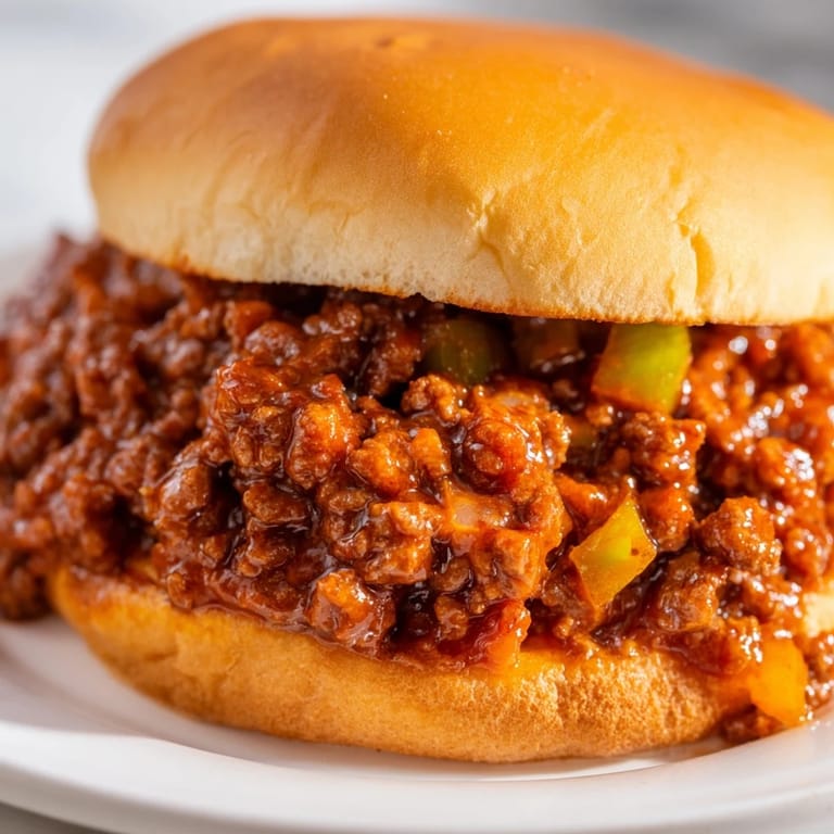 Classic family dinner Sloppy Joes piled high with sautéed onions and peppers on a soft bun.