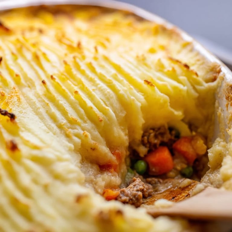 Homemade Shepherd's Pie served in a rustic casserole dish with a fork's imprints.