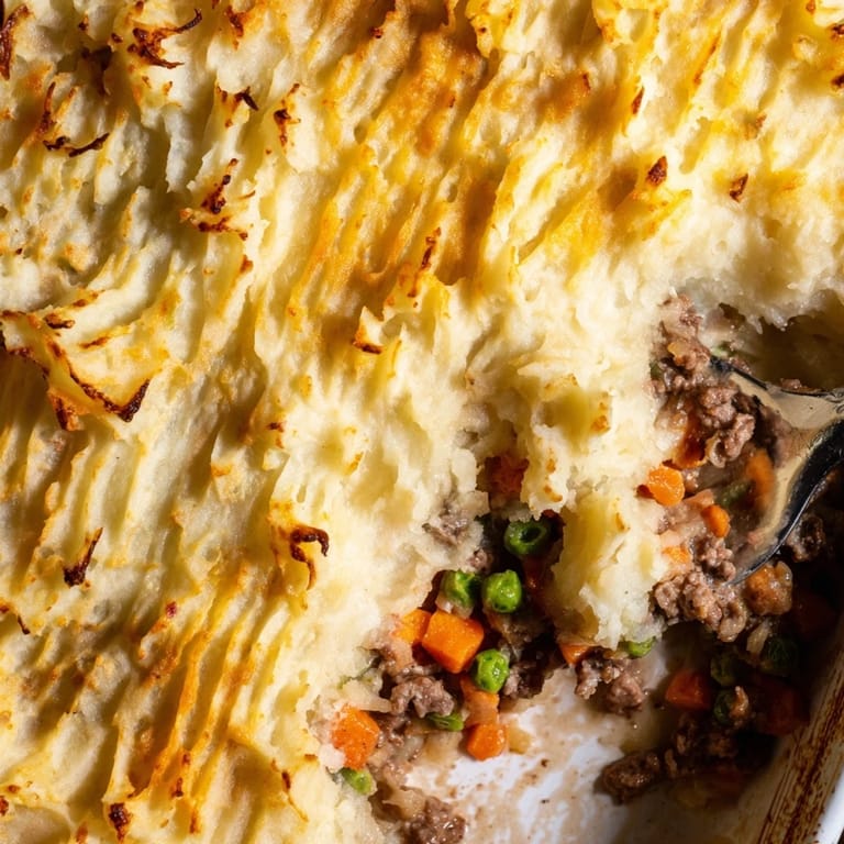Comforting Shepherd's Pie topped with golden, cheesy potatoes alongside a glass of red wine.