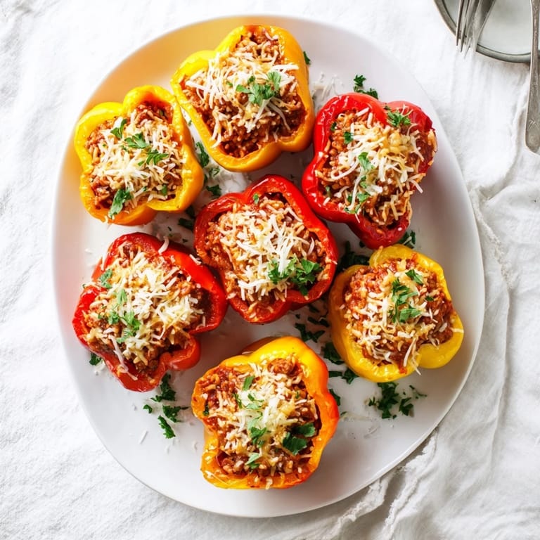Freshly baked Stuffed Bell Peppers topped with golden melted cheese, revealing a hearty filling of meat, rice, and tomato sauce.