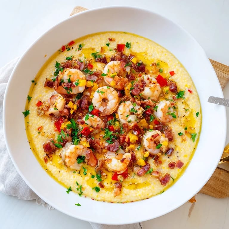 Tender, pink shrimp simmer in savory sauce beside fluffy cheese grits for a Southern dinner.