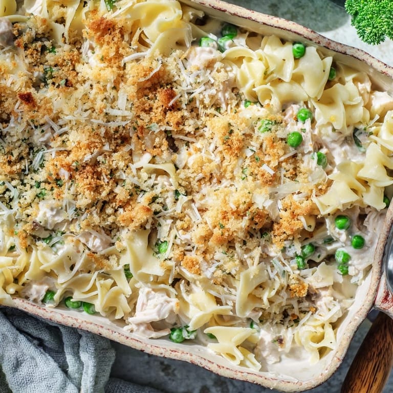 Serving suggestion for Tuna Casserole with a fresh green salad, lemon wedge, and a glass of white wine.